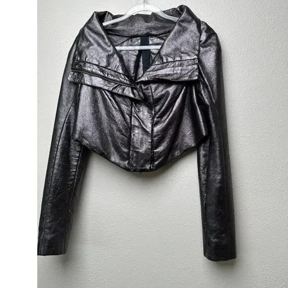 Gareth Pugh gunmetal calf leather cropped jacket women’s 10 draped zip - Picture 3 of 16